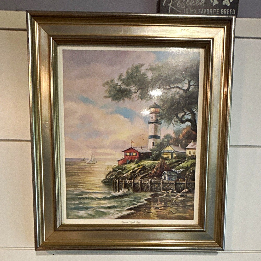 Carl Valente Signed Framed Print "Beacon Light Bay" Lighthouse Seascape 14x12